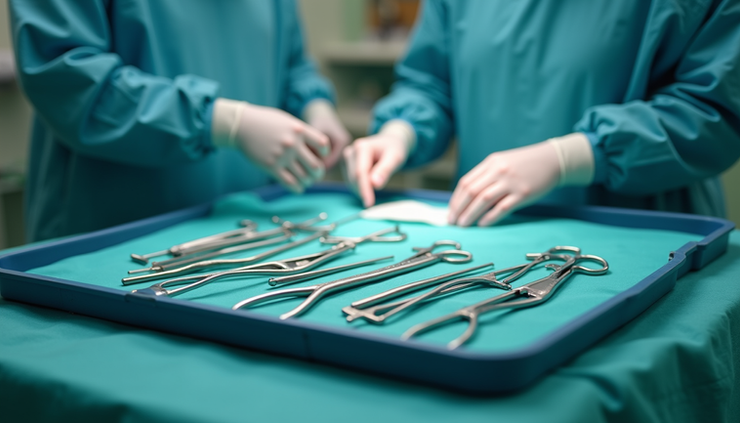 Close-up view of pediatric surgical instruments arranged neatly on a sterile tray