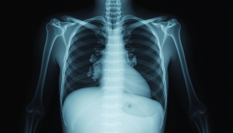 Close-up view of a newborn's chest X-ray showing congenital diaphragmatic hernia