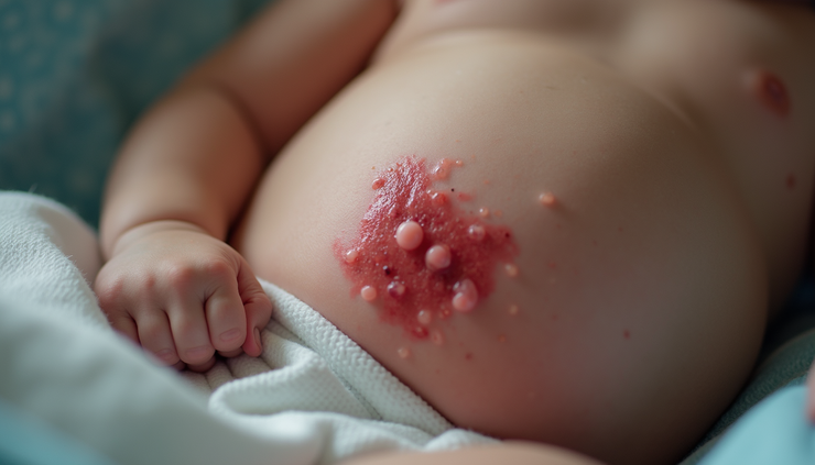 Close-up view of infant abdomen showing signs of intestinal distress