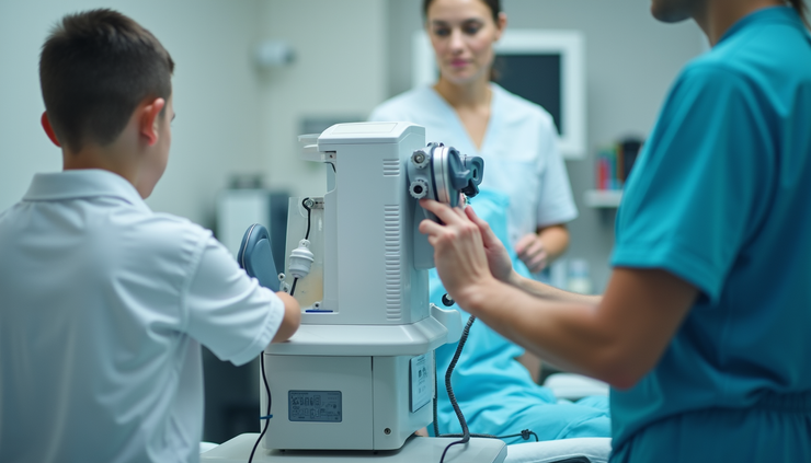 Close-up view of pediatric endocrine evaluation equipment in a clinical setting