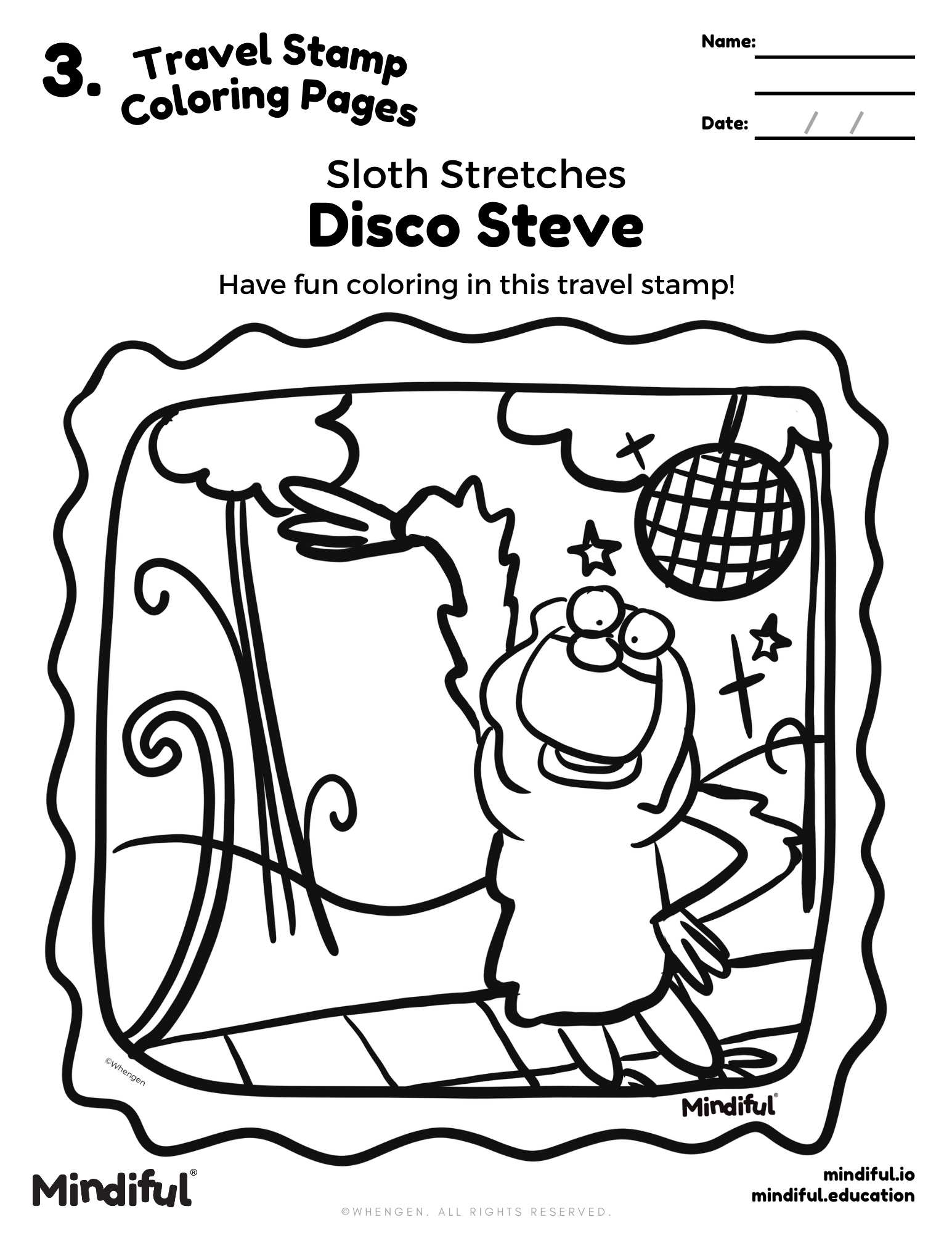 Travel Stamp Coloring Page - Sloth Stretches - Mindiful® Digital Download