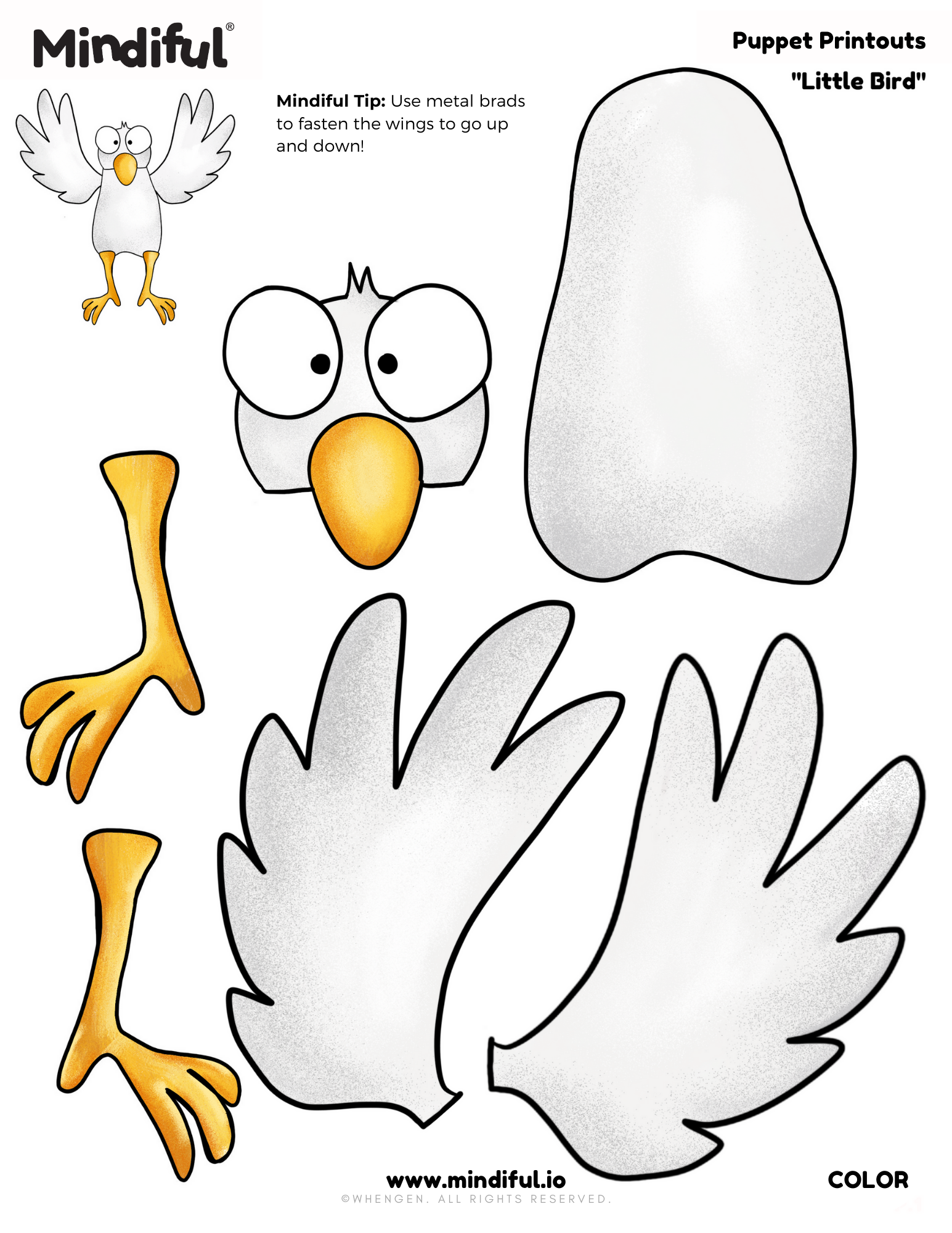 Little Bird Puppet Printout - COLOR - Mindiful® Digital Download