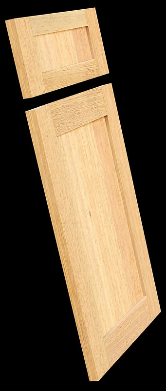 Teak cabinet door and drawer front with golden-brown color and rich straight grain pattern