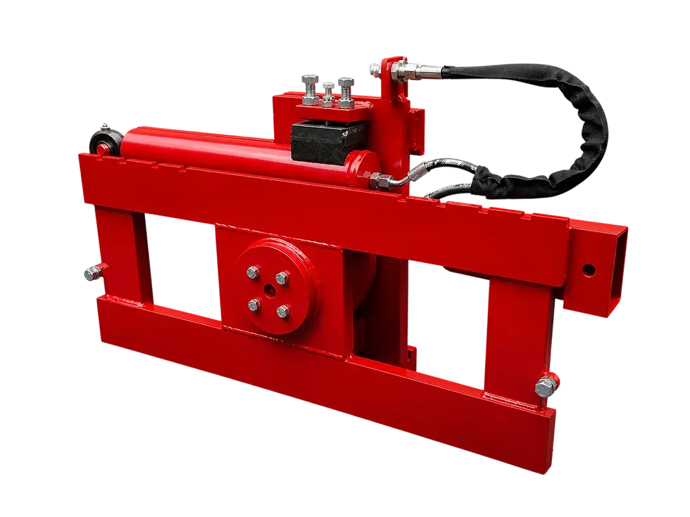 Product photography of a heavy-duty red hydraulic attachment for a tractor or loader. The robust frame and cylinder suggest industrial applications.