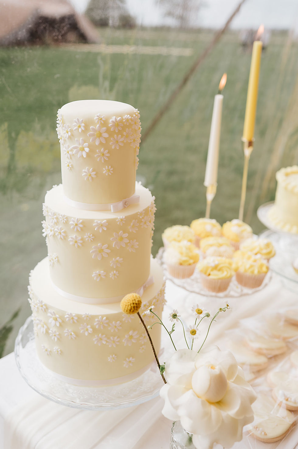Three-tiered white cake with daisy decorations, surrounded by yellow cupcakes and flowers on a table. Outdoor setting, warm ambiance.