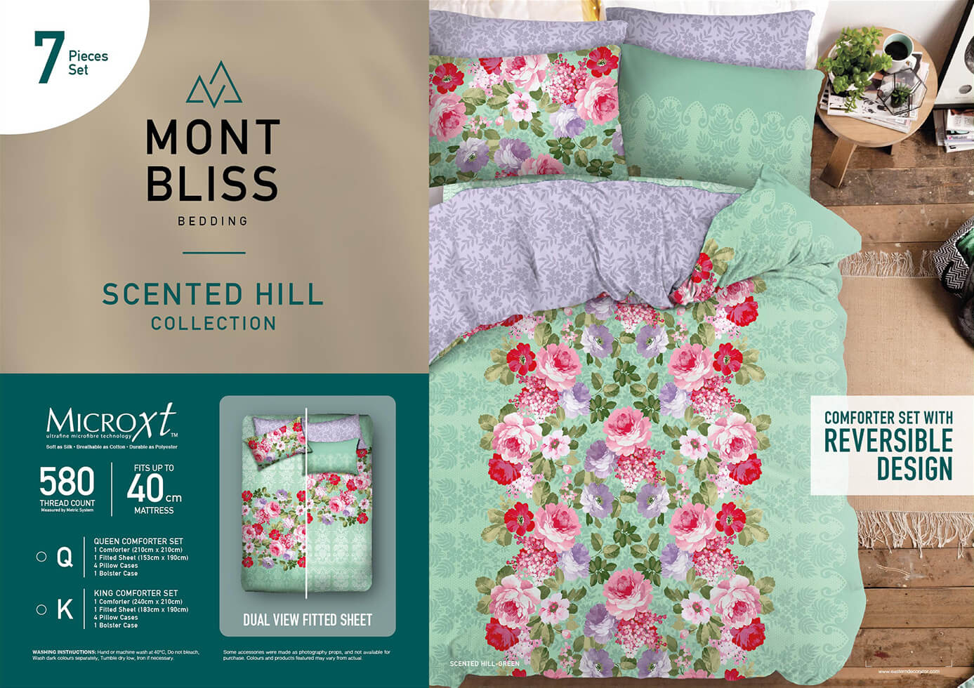 Mont Bliss header card with green and floral pattern bed