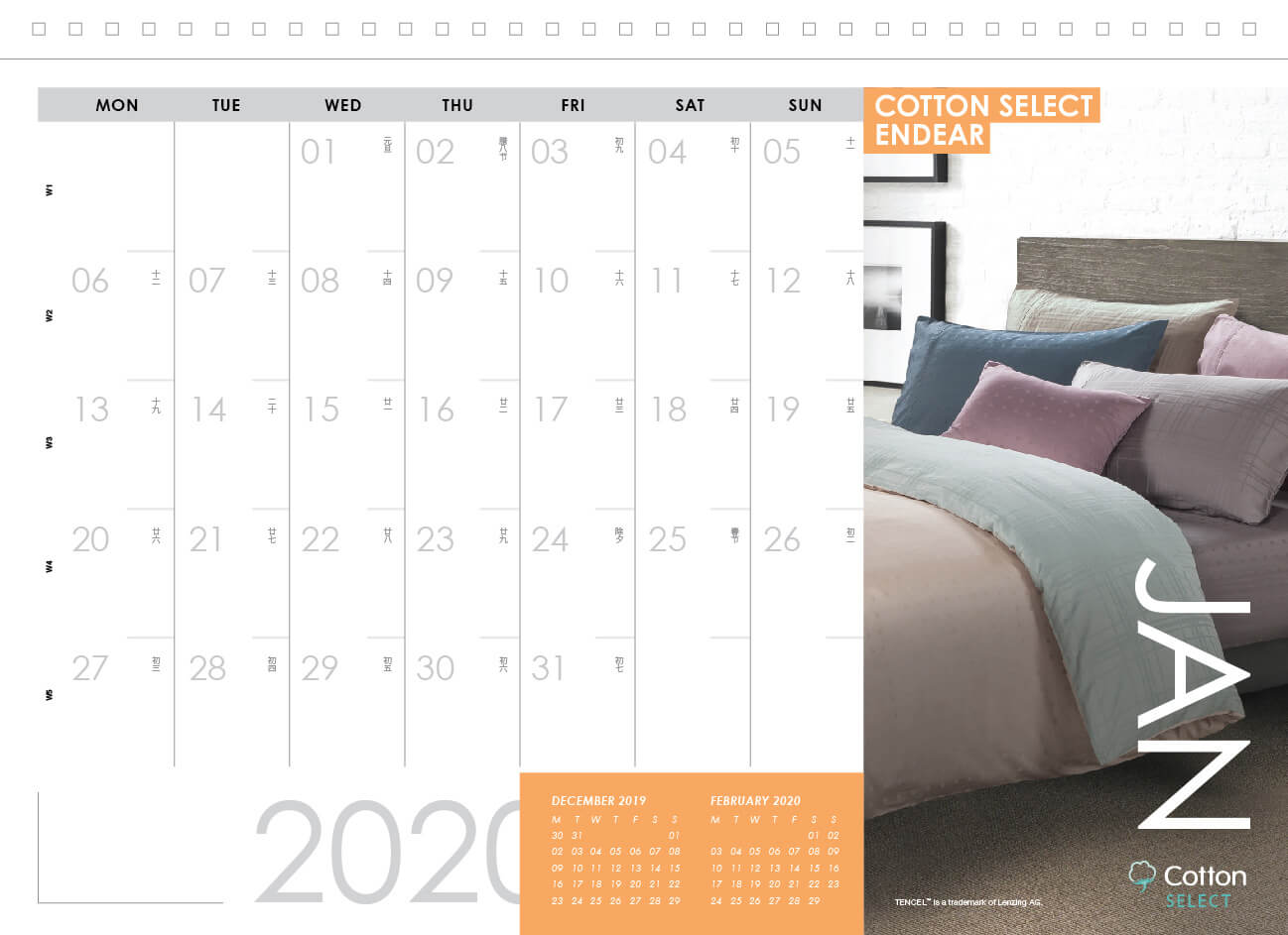 Akemi 2020 Calendar January with orange graphic and bed image