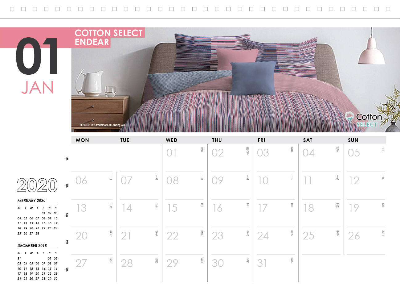Akemi 2020 Calendar January with pink graphic and pink bed image