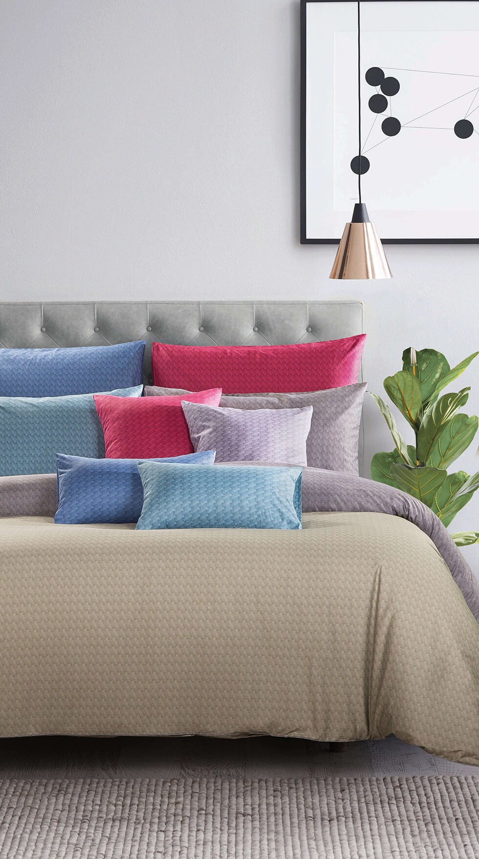 colourful bed with grey header and a plant at the side of the bed