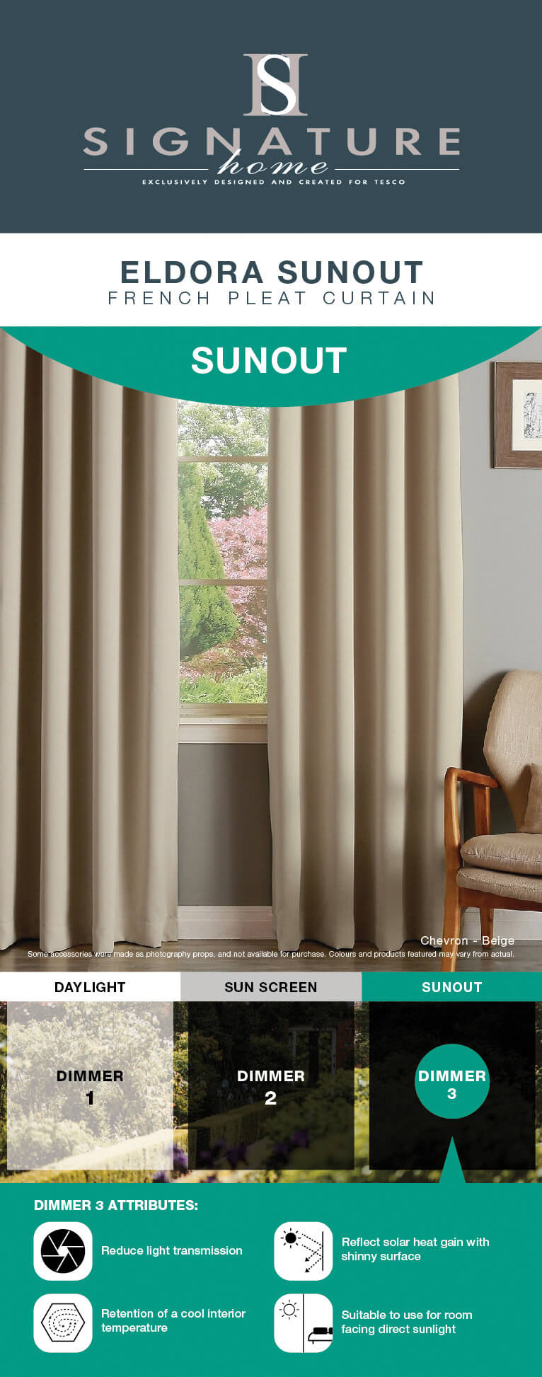 Signature curtain header card with green graphic