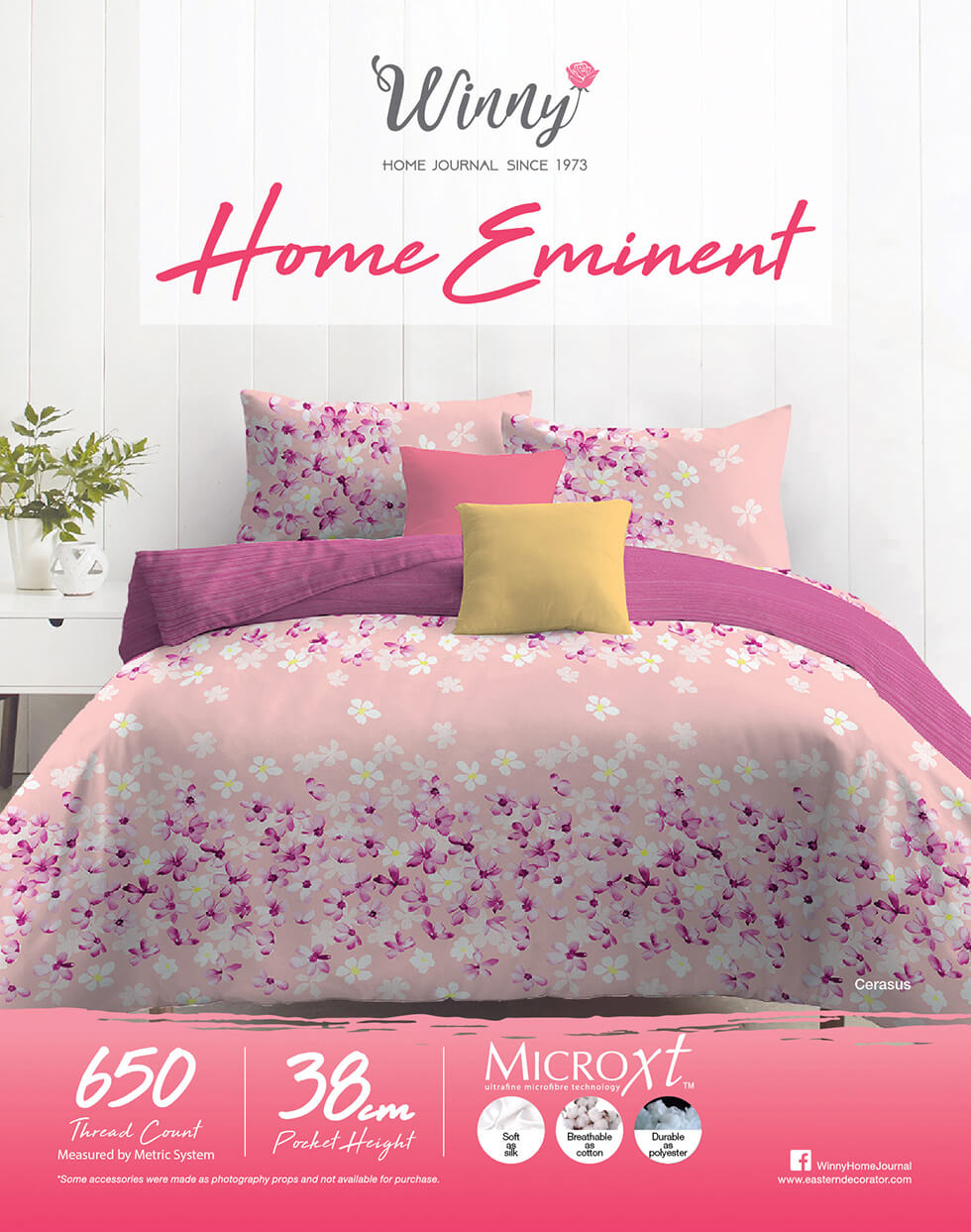 Winny bed header card with pink and floral pattern bed in pink gradient graphic