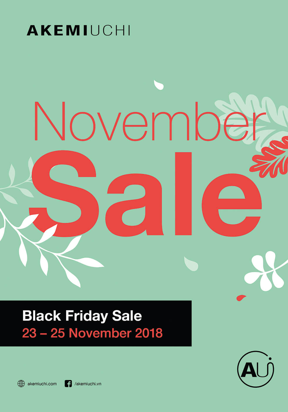 AkemiUchi November Sale poster with green background and orange text with white autumn leaves graphic