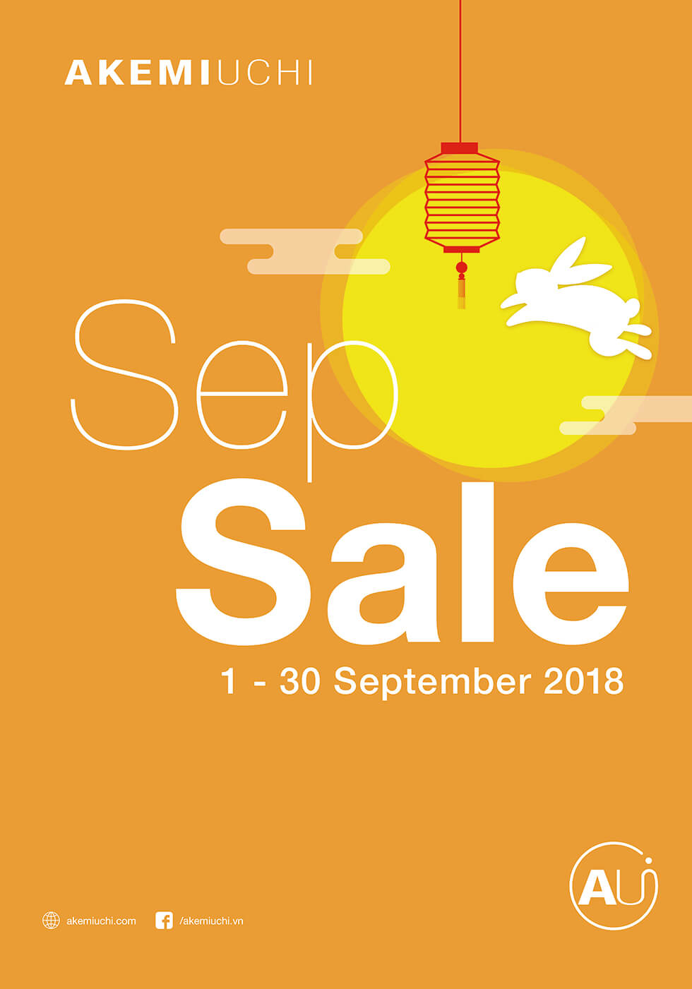 AkemiUchi september sale poster with graphics of rabbit jump over a yellow moon and lantern and orange background