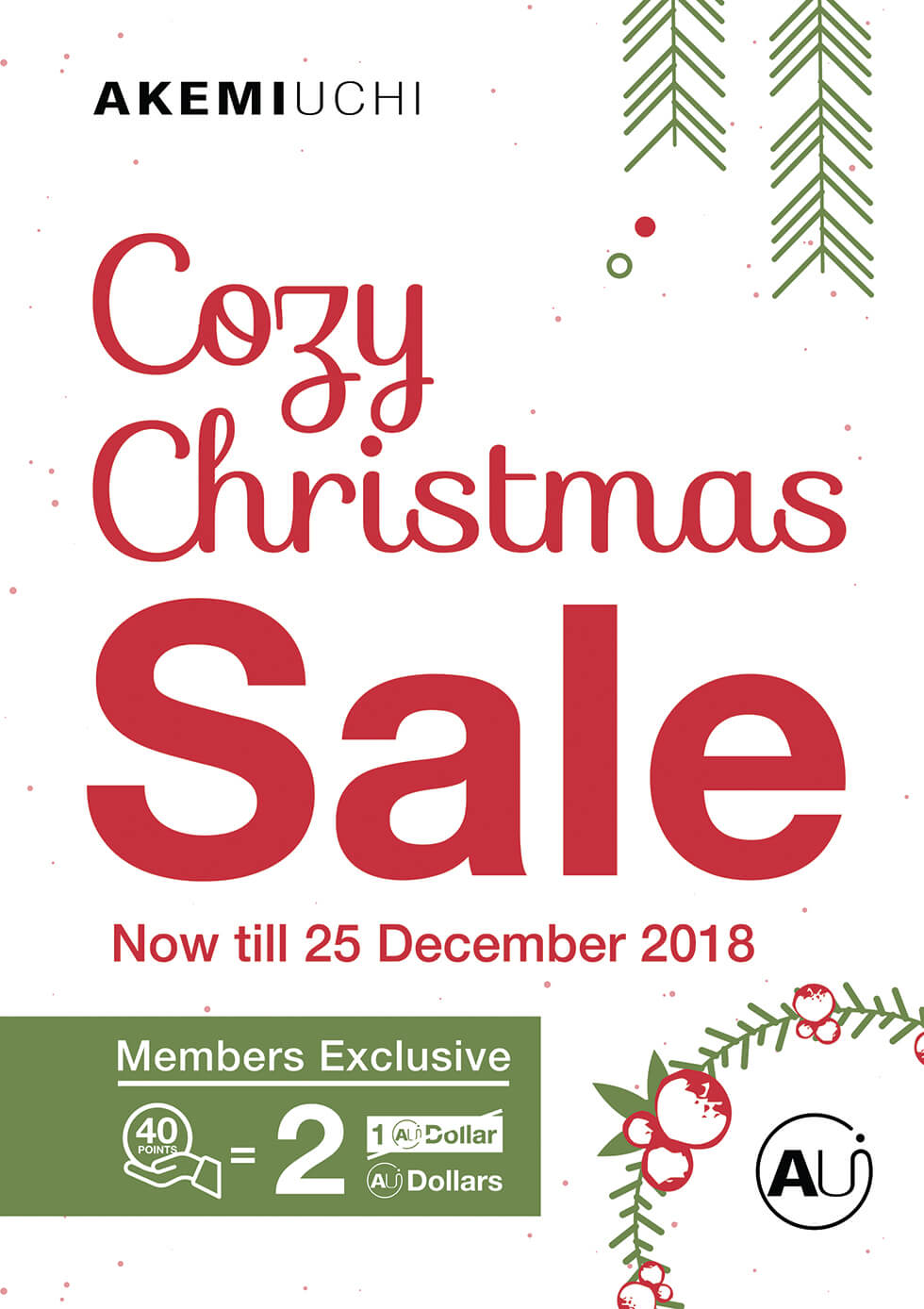 AkemiUchi Cosy Christmas Sale poster with red text and green leaves graphics