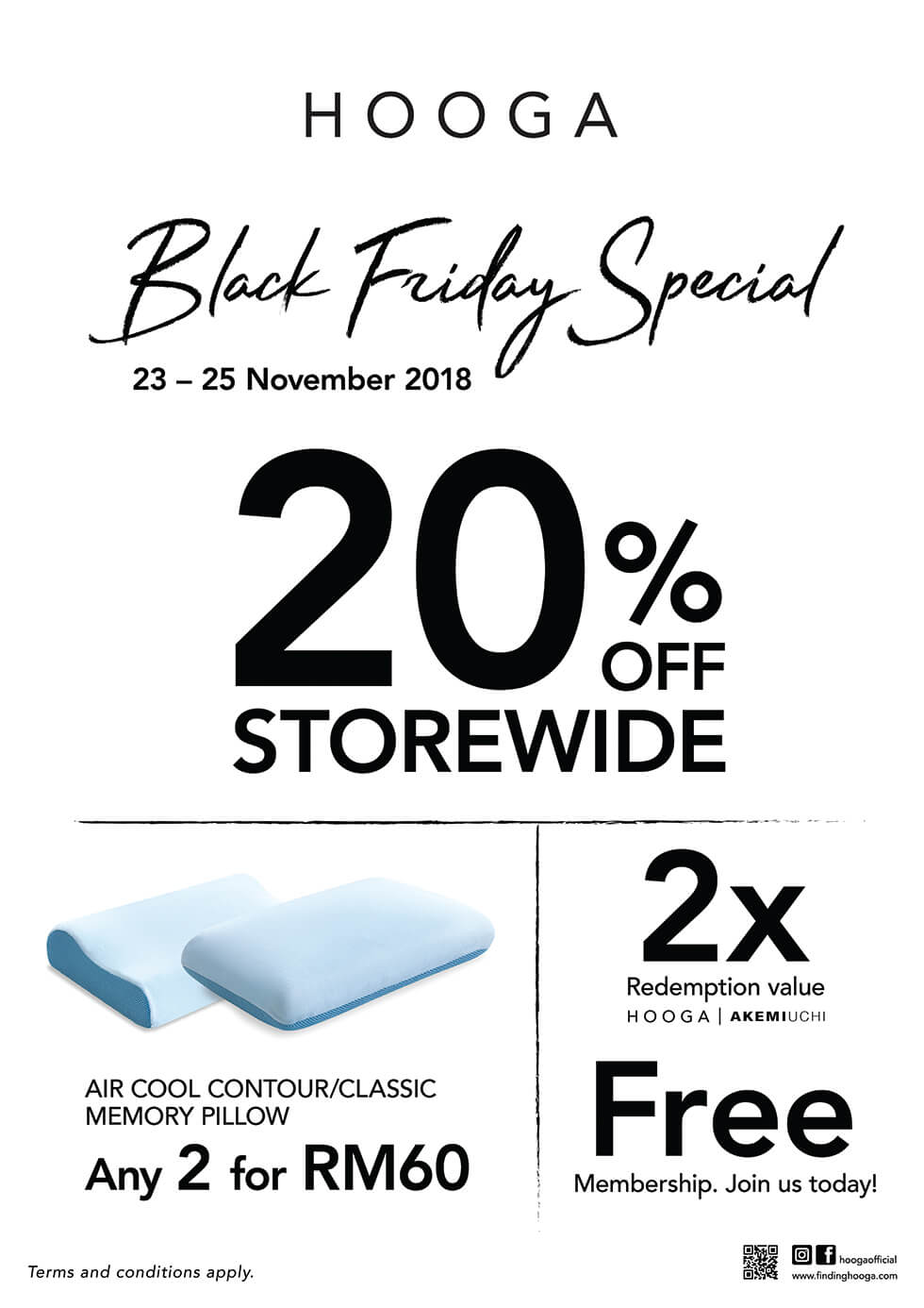 Hooga Black Friday Special with 20% off and 2 blue pillow with grey graphics