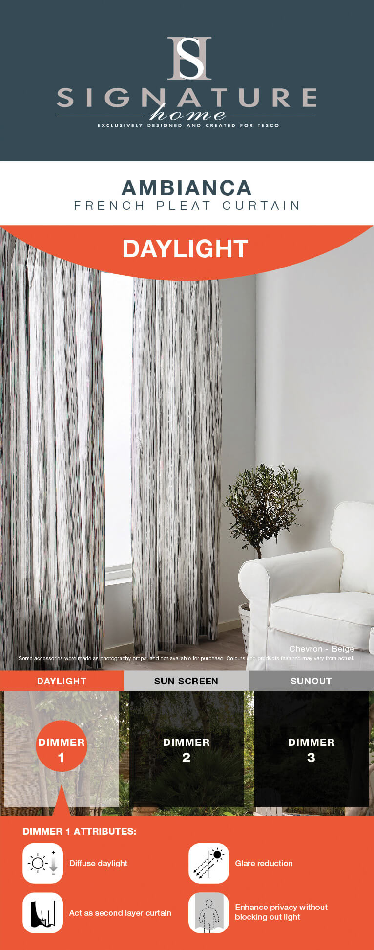 Signature curtain header card with orange graphic