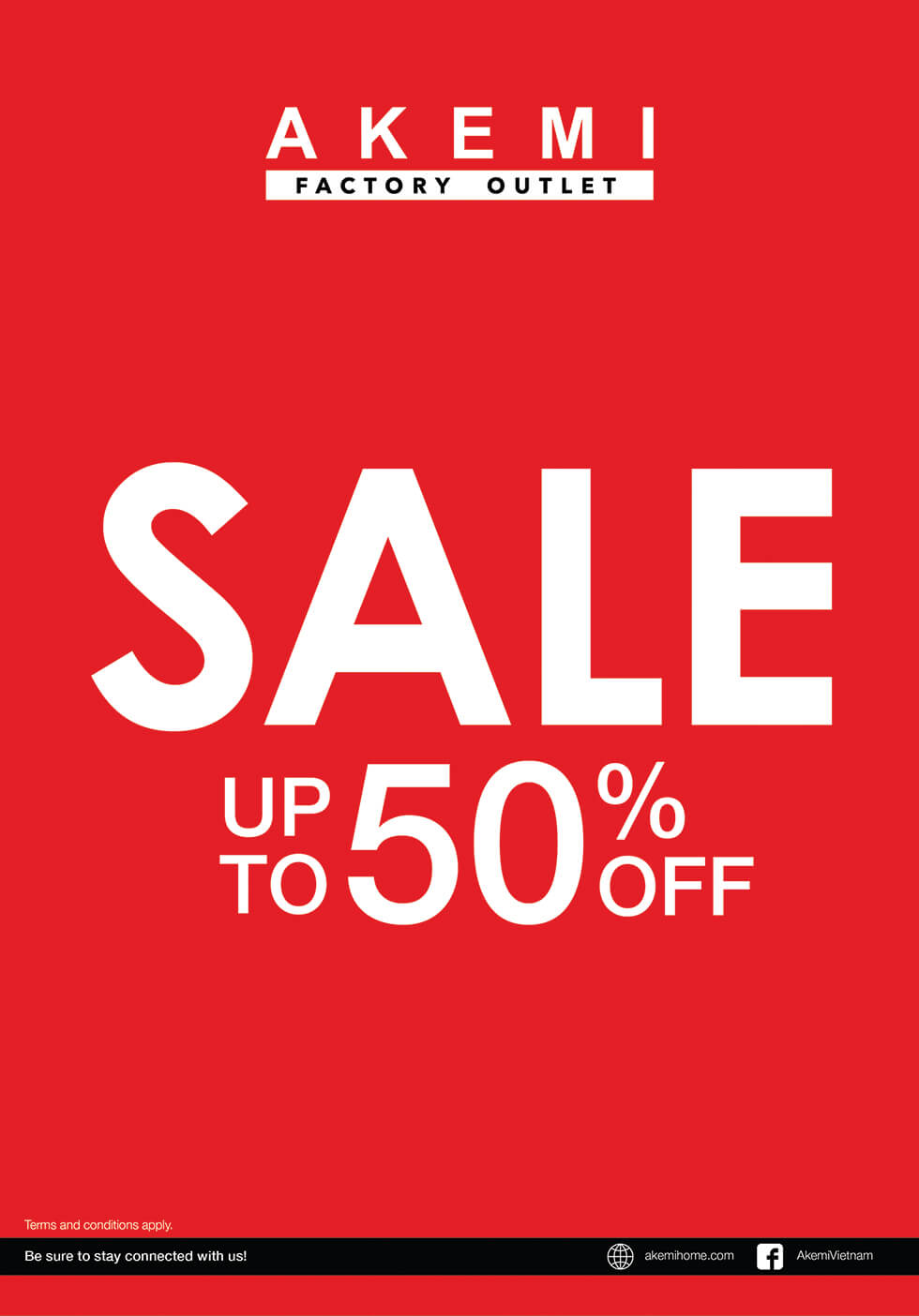 Akemi Factory Outlet Sale 50% off with red background