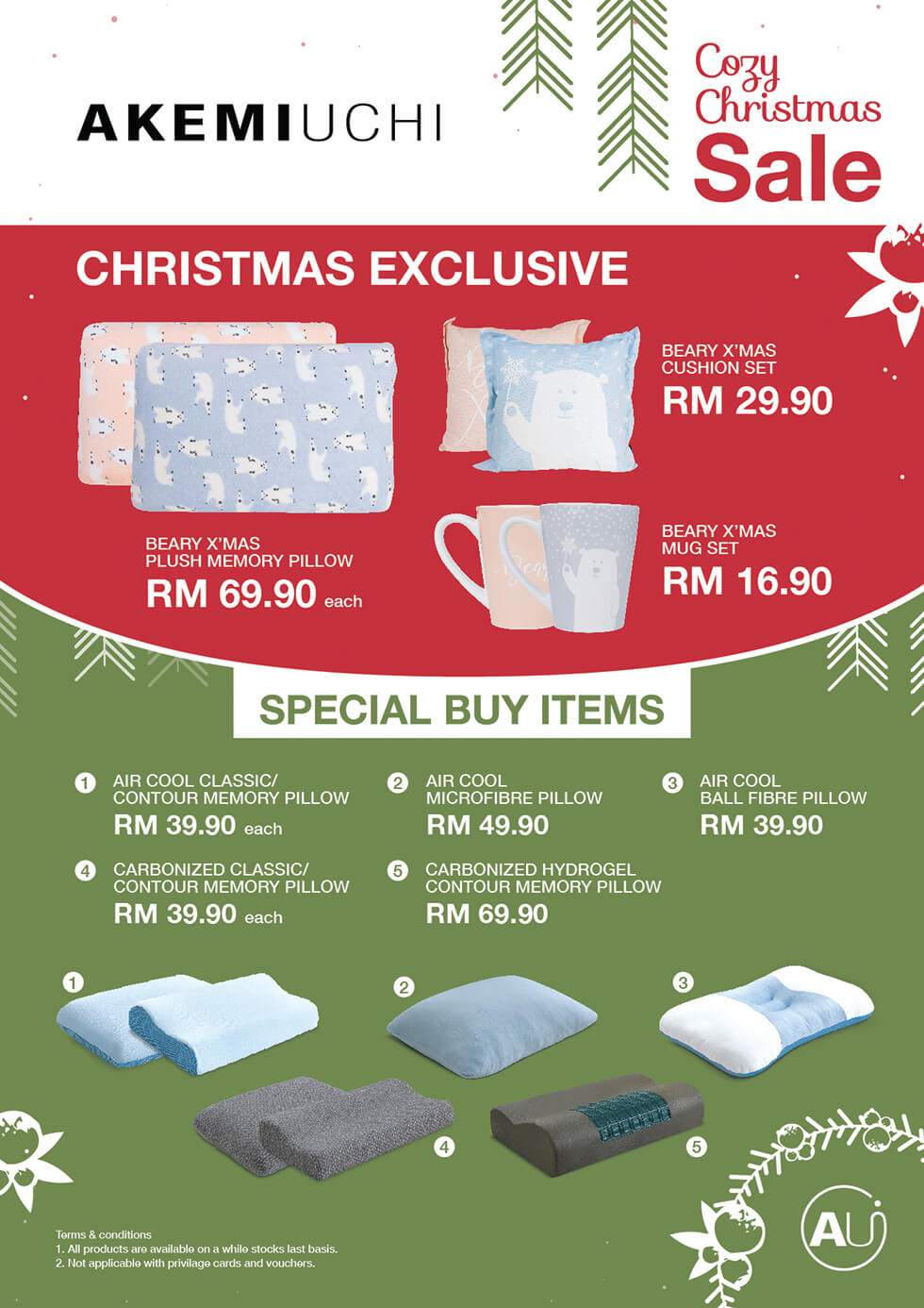 AkemiUchi Cosy Christmas Sale poster with christmas exclusive pillows and mug in baby blue and pink colour. Bottom are 5 sets of pillow in blue and charcoal grey colours