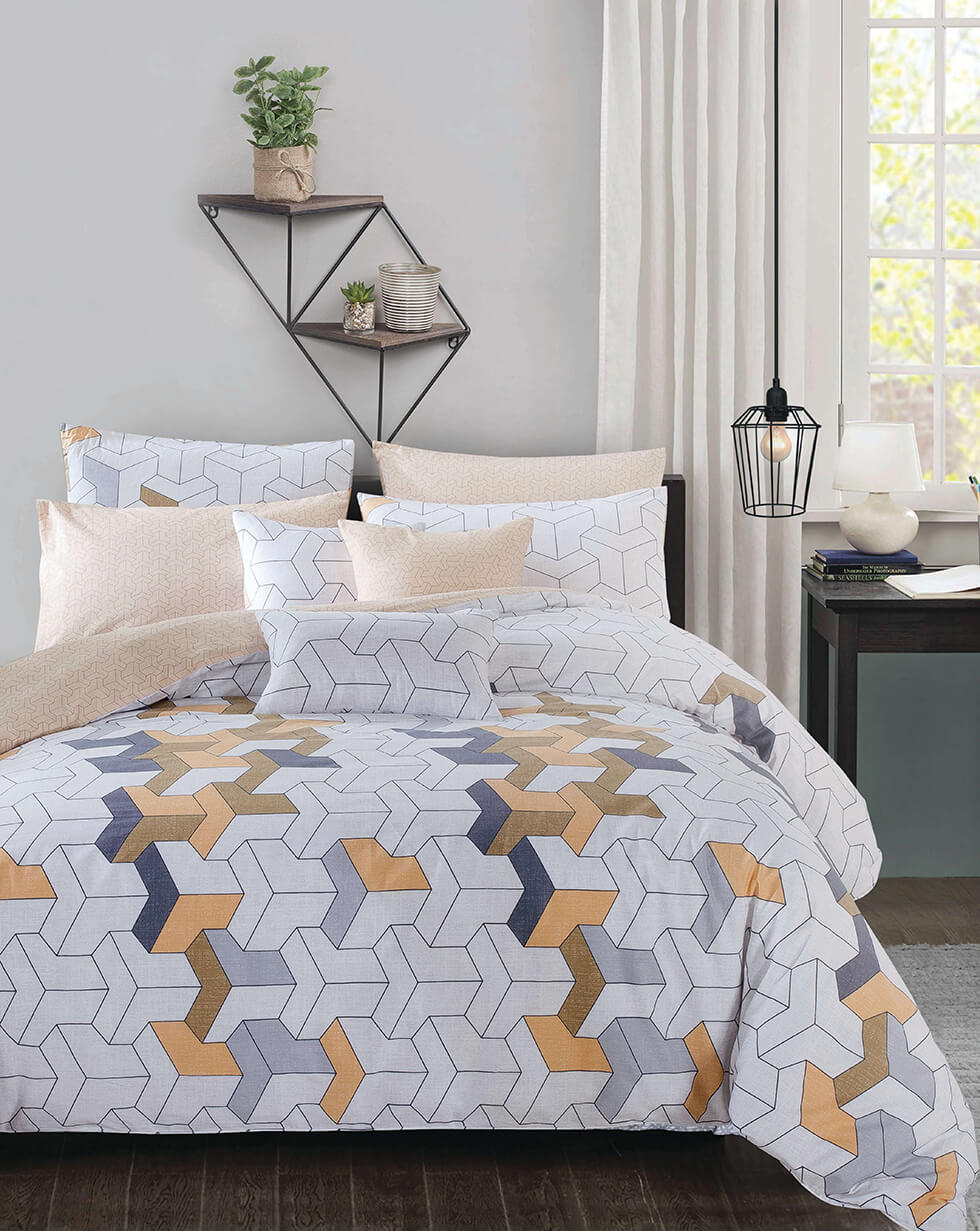 white and milk colour bed with milk curtain at the side