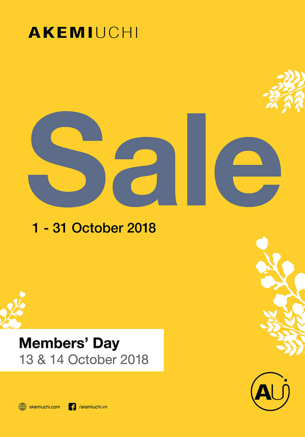 AkemiUchi October Sale poster with yellow background and white graphic of leaves