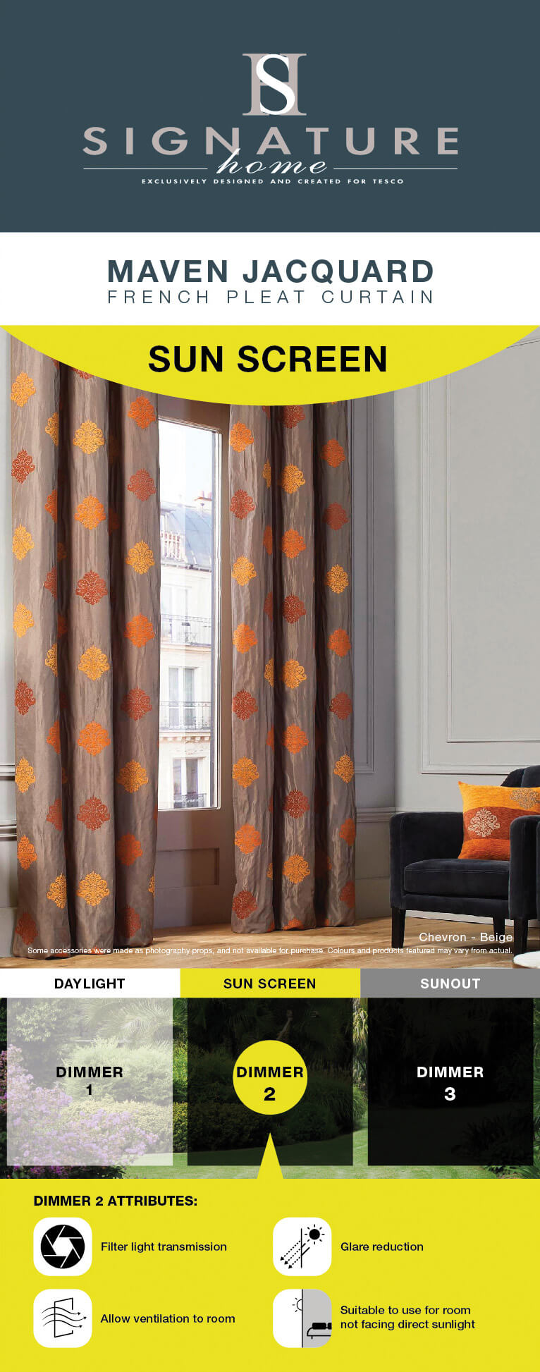 Signature curtain header card with yellow graphic