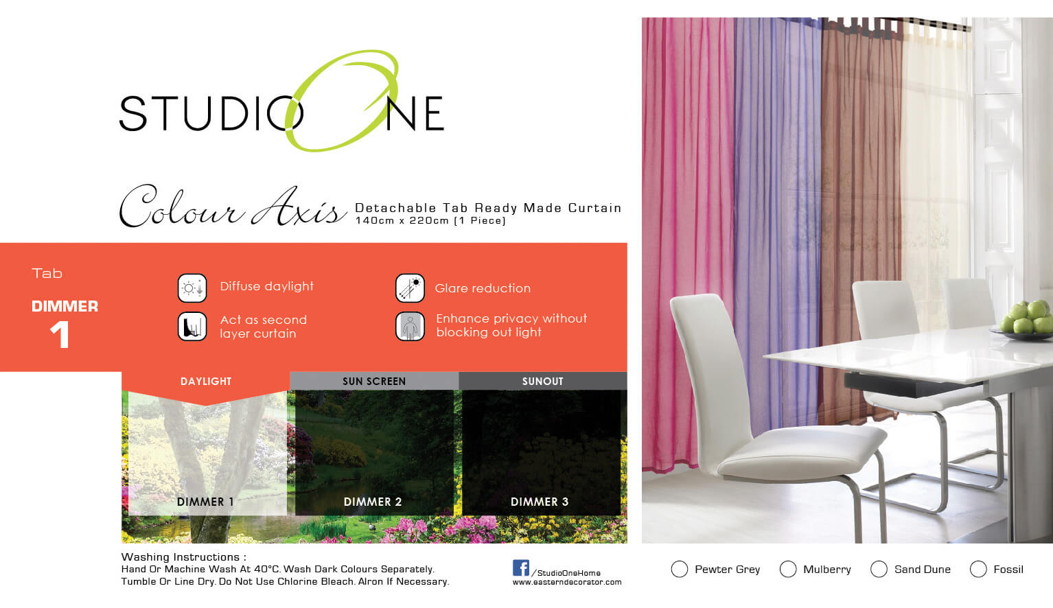 Studio One curtain header card with orange colour graphic and image with four colour curtain