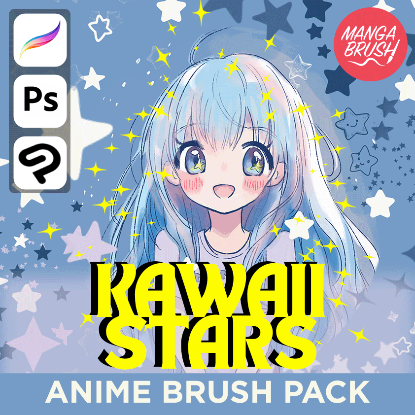 Kawaii Stars Brush Pack for Procreate, Photoshop & Clip Studio Paint – 100+ anime sparkle brushes for cute manga effects, twinkling stars, magical highlights, and dreamy backgrounds.