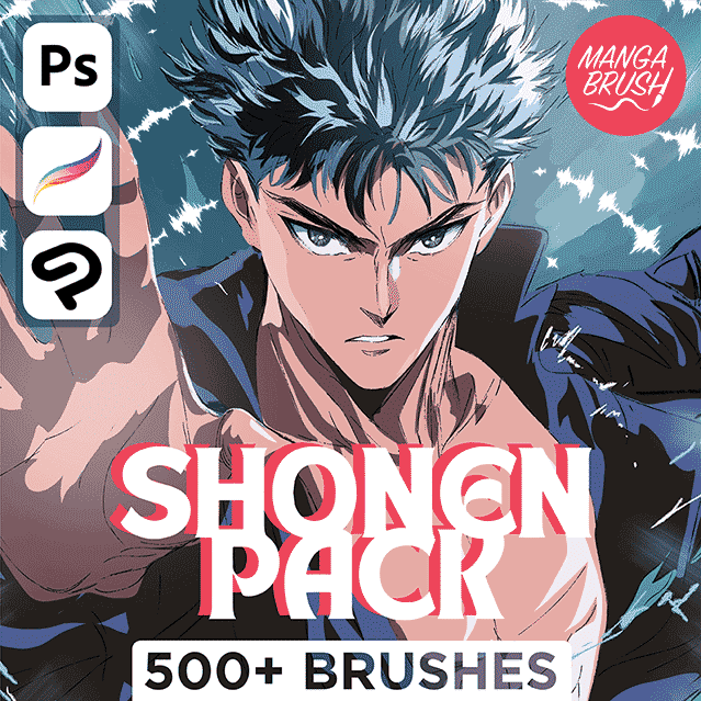 Shonen Brush Pack cover featuring bold anime-style ink strokes, dynamic speedlines, and high-contrast manga textures designed