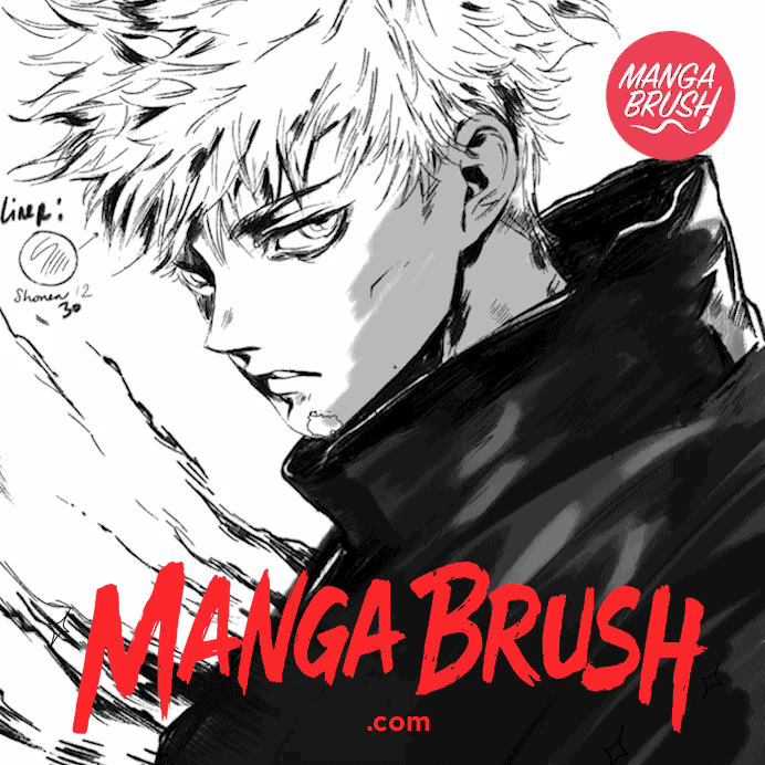 MangaBrush Megapack digital art brushes shown in use with a live drawing of a shonen-style male anime character