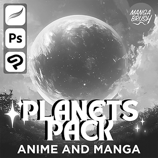 Planet Brush Pack for Procreate, Photoshop & Clip Studio Paint – 120+ space brushes for manga and anime art with planets, moons, rings, cosmic textures, and sci-fi backgrounds.
