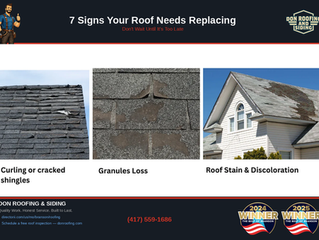 Three signs your roof needs replacing: curling and cracked shingles, granule loss on asphalt shingles, and roof staining and discoloration on a residential home