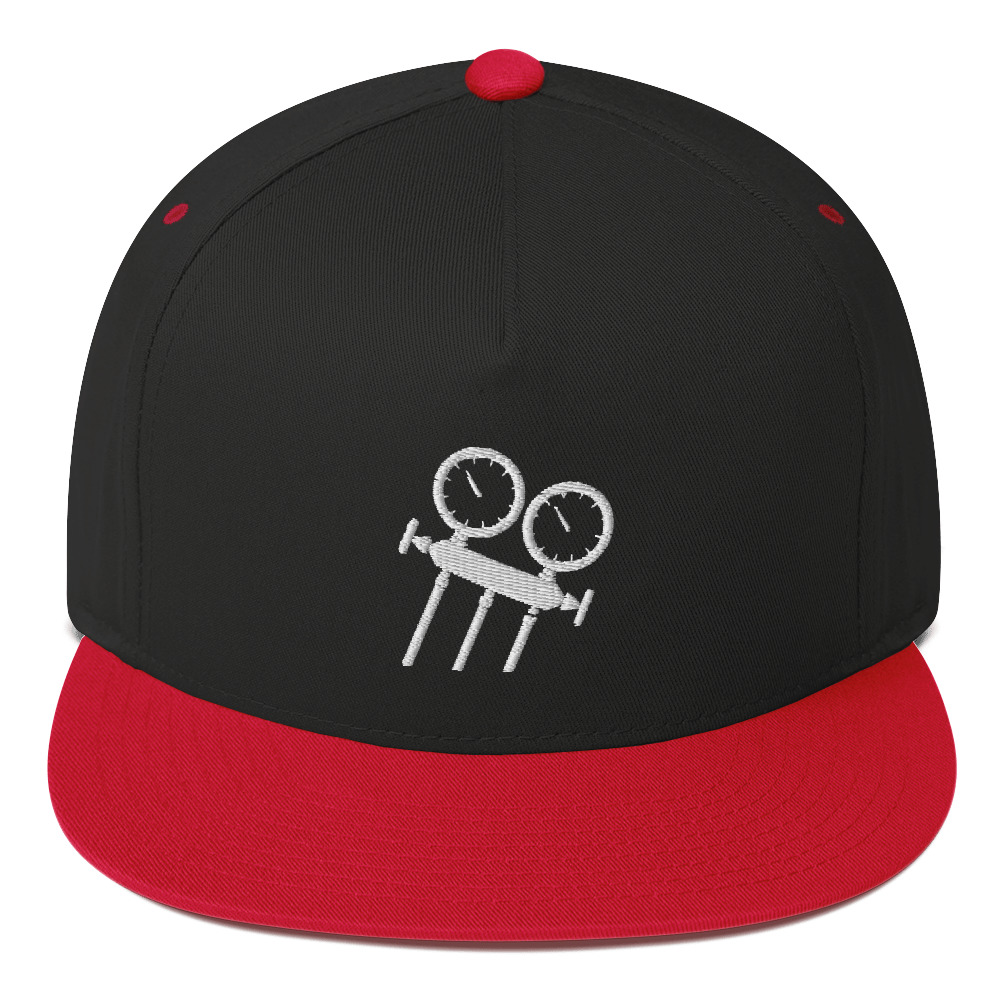 Flat Bill Cap with Embroidered White Logo on Front and AC Service Tech on Back