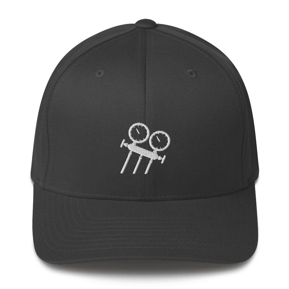 Flexfit Hat with Embroidered White Logo on Front and AC Service Tech on Back