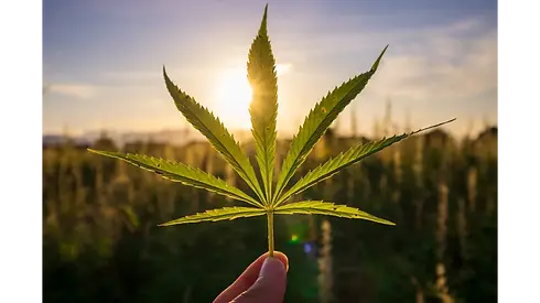 Person hält Hanfblatt mit zwei Fingern. Im Hintergrund das Feld eines Landwirts mit Nutzhanf.