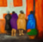Four women seen from behind in colorful coats stand by an orange building with shutters and a potted flower, in a quiet street scene