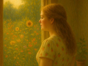 A softly painted oil scene of a barefoot woman with golden-blonde hair sitting in stillness, wearing a cream dress with strawberry prints. She gazes out a window toward a wildflower garden, her posture peaceful and reflective. Warm natural light bathes the room, evoking a quiet moment of presence and gentle introspection.