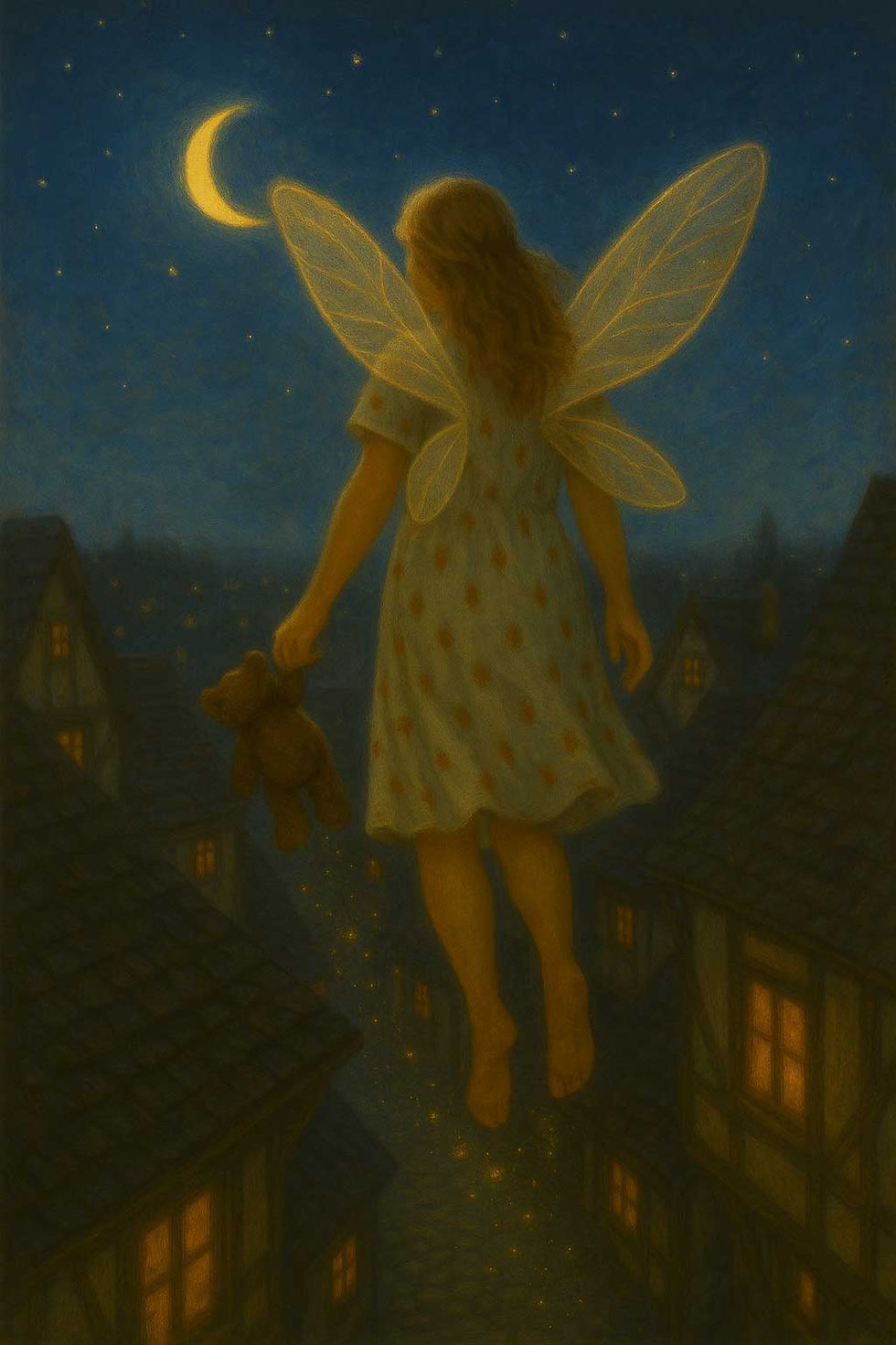 A fairy girl with glowing wings flies barefoot through a quiet village under a starlit sky. She holds a teddy bear in one hand as golden fairy dust trails behind her, the crescent moon glowing above.