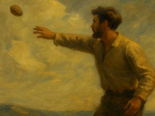 Impressionistic oil painting of a man mid-motion, tossing a stone into the air beneath a golden, cloud-filled sky. Earthy tones and textured brushstrokes create a sense of weight and movement, symbolizing intention, consequence, and unseen impact.