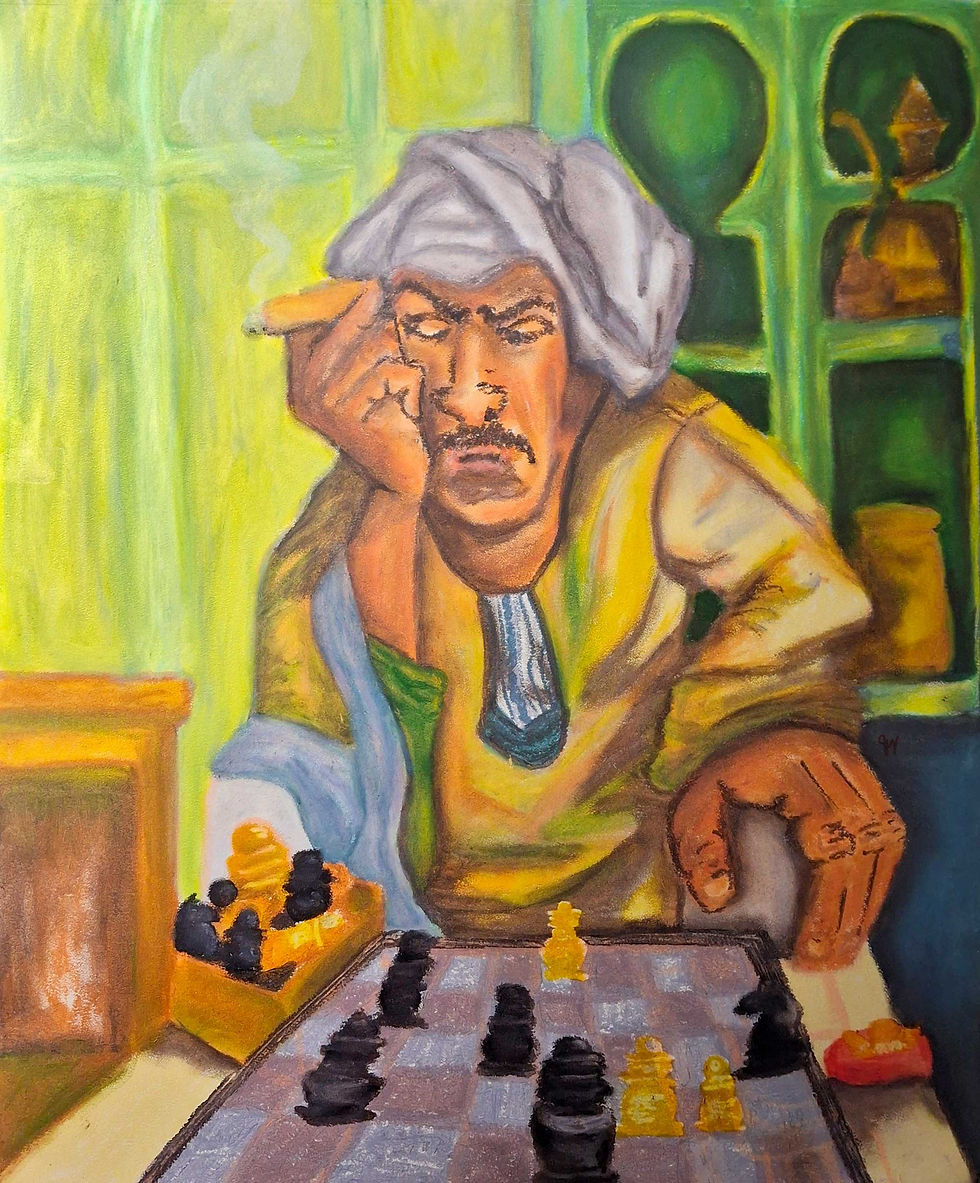 Painted man in a white turban studies a chessboard in a green room, looking pensive, with black and yellow pieces.