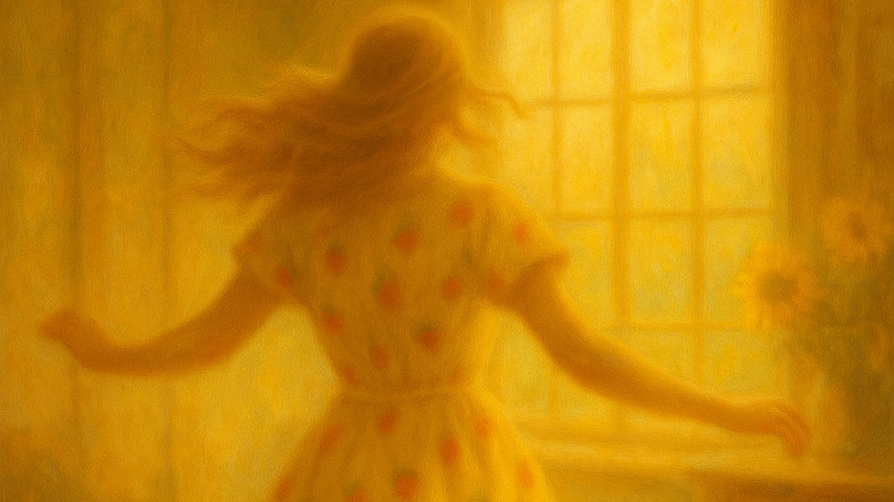 Dreamlike oil painting scene in muted golden tones, capturing a woman standing at a threshold between past and present. Hazy light filters through the background, symbolizing faith, endurance, and quiet presence amid emotional weight.