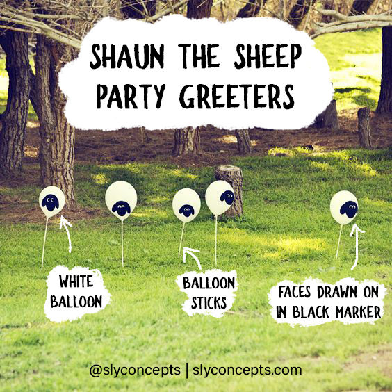 Outdoor Shaun the Sheep party greeters made from white balloons with hand drawn sheep faces on balloon sticks
