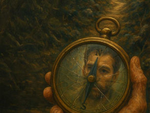 A weathered hand holds a cracked brass compass in the foreground of a dark, overgrown forest path. The compass needle points North, but the shattered glass reflects the faint image of a man’s face. In the background, golden light breaks through the trees, illuminating a narrow path that leads forward, symbolizing the contrast between self-reflection and divine direction.