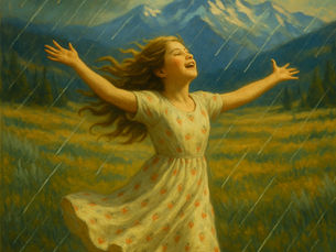 A young girl in a strawberry-print dress dances barefoot in a rain-soaked field, arms lifted to the sky in childlike faith as gentle rain begins to fall