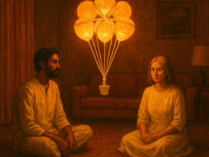 A moody, warmly lit 1970s-style living room. Two figures dressed in white sit cross-legged on the floor, gazing at a fragile, glowing helium balloon bouquet bound with white masking tape. The scene is bathed in orange light, evoking mystery, memory, and quiet spiritual instruction.