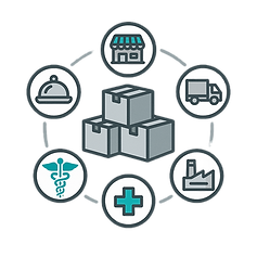 Farklı sektörlerde stok sayımı: depo, mağaza, üretim, lojistik, medikal ve restoran stok yönetimi ikonları – Sayım360 profesyonel envanter hizmetleri.