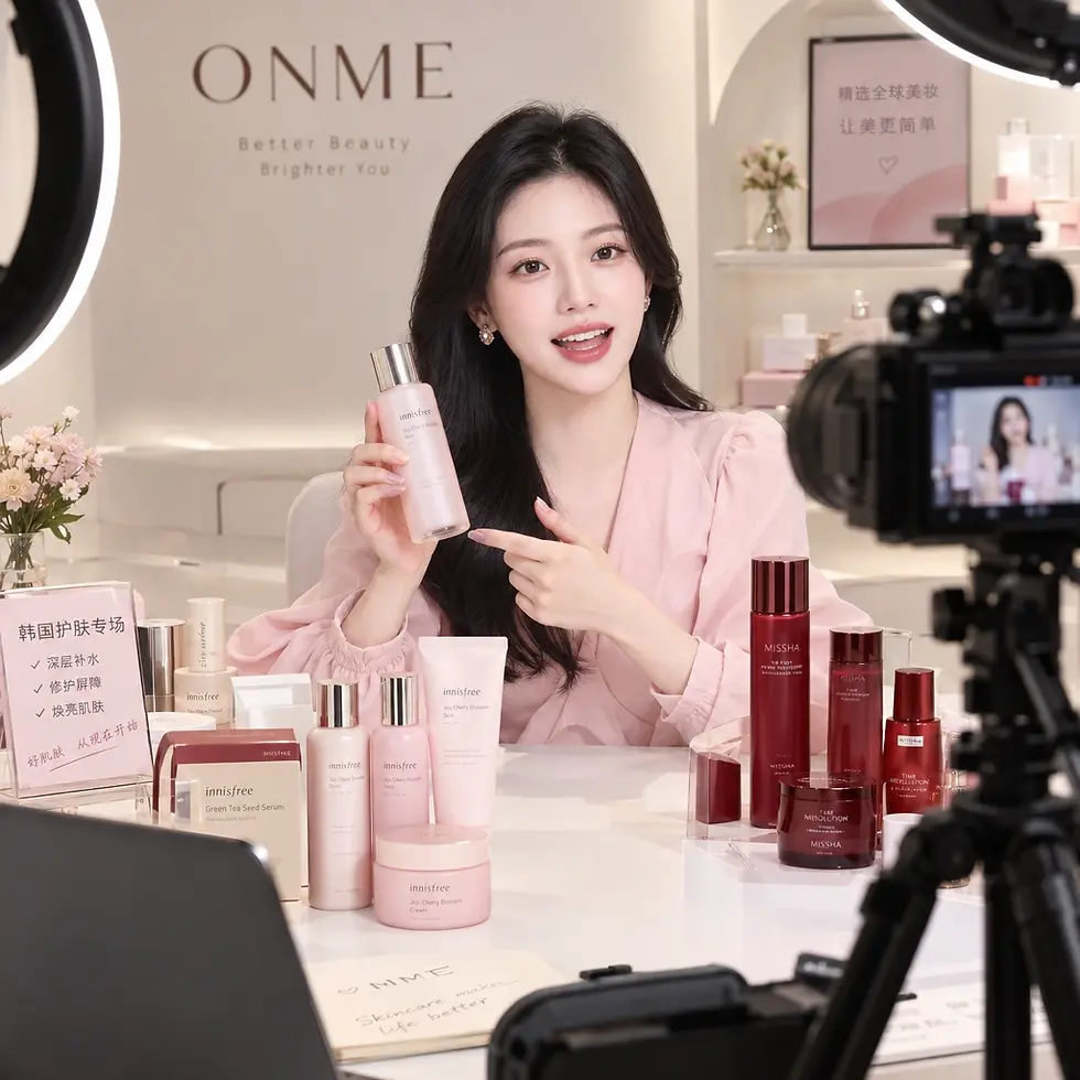 Studio photography of a young woman demonstrating skincare products during a live stream. She is smiling and interacting with her audience in a brightly lit professional setting.