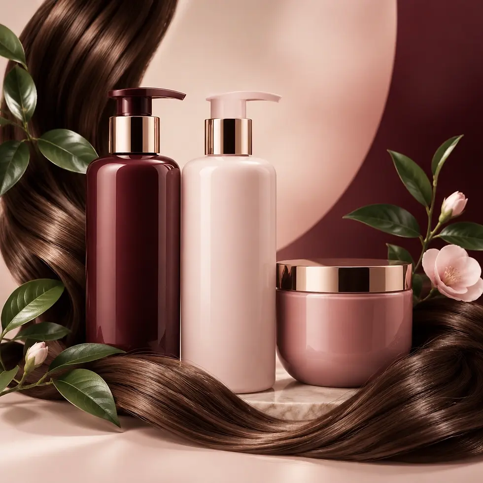 Studio photography of cosmetic products arranged with flowing brown hair strands and delicate flowers. The setup features a luxury, aesthetic vibe with warm, muted tones.