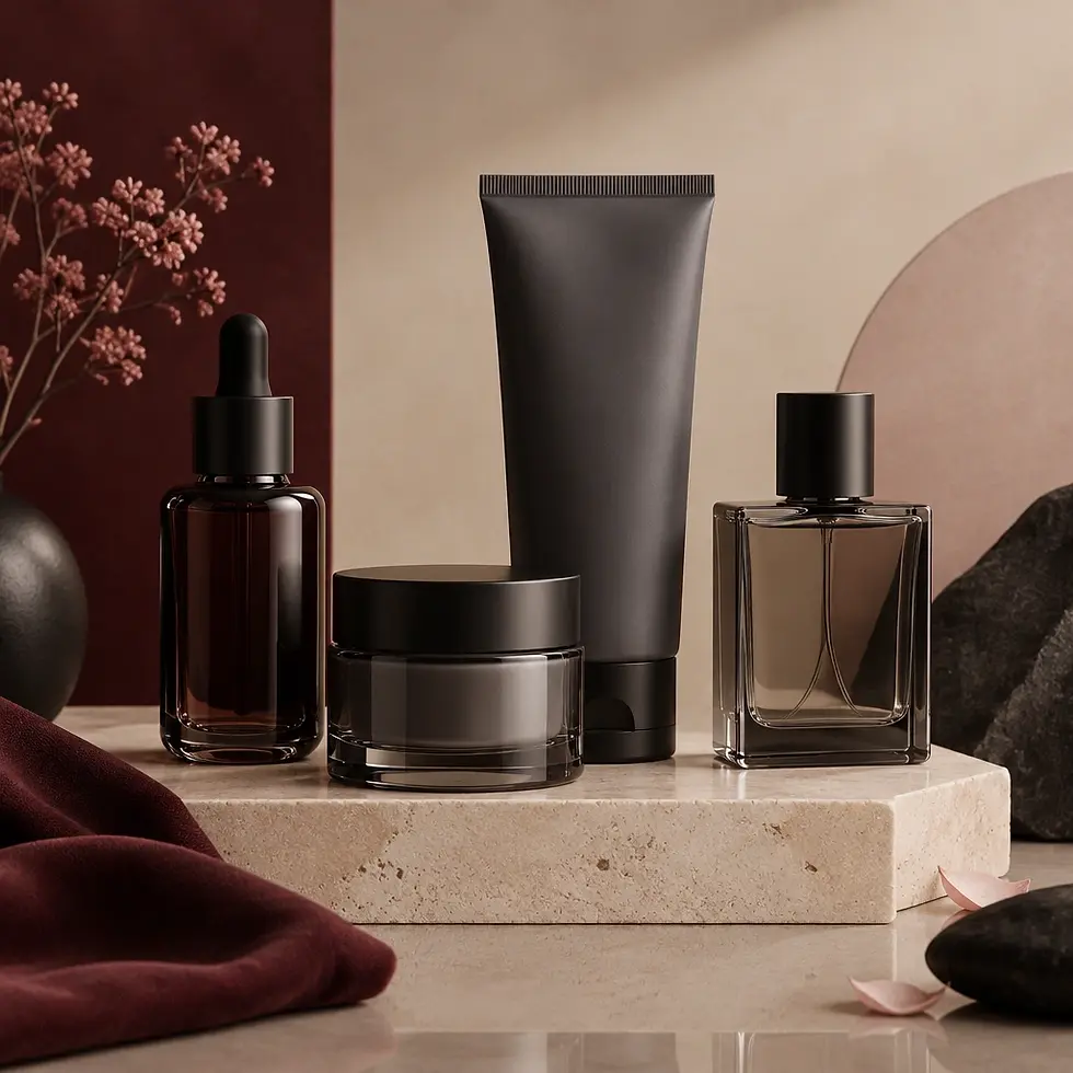 Studio product photography of skincare containers on a stone pedestal. Refined and elegant mood with a dark, muted color palette.
