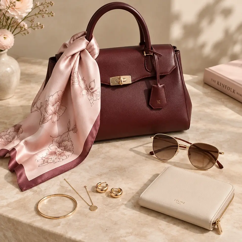 Studio product photography of a burgundy leather handbag styled with a floral silk scarf, sunglasses, small leather wallet, and gold jewelry. The setup is arranged elegantly on a marble table with soft, natural lighting.