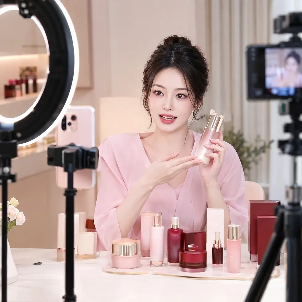 Studio photography of a beauty influencer presenting skincare products to a camera during a live stream. The scene is bright and professional, highlighting a feminine and elegant atmosphere.